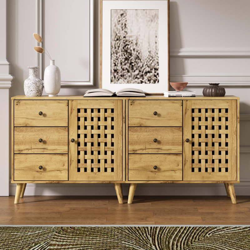 Vintage Wooden Storage Cabinet With Basket Weave Wooden Door & 3 Drawers Set Of 2