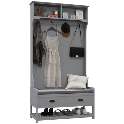 3-In-1 Hall Tree, Entryway Bench With Coat Rack, Mudroom Bench With Shoe Rack, 2 Storage Drawers, 4 Hooks And Padded Seat Cushions For Hallway