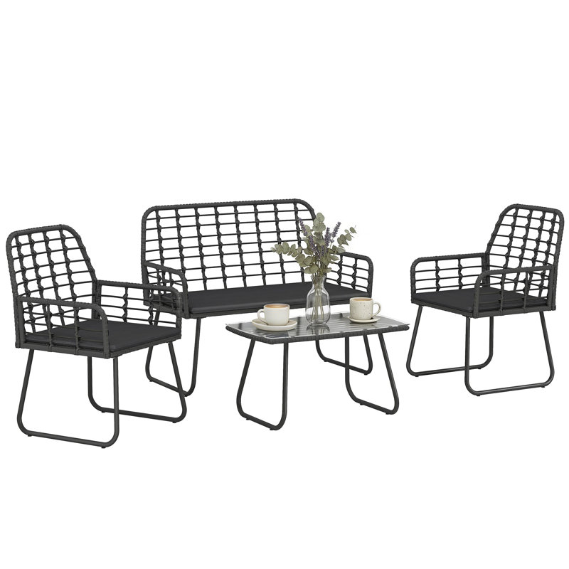 Rattan Sofa Set, Grey Cushion/Black Frame