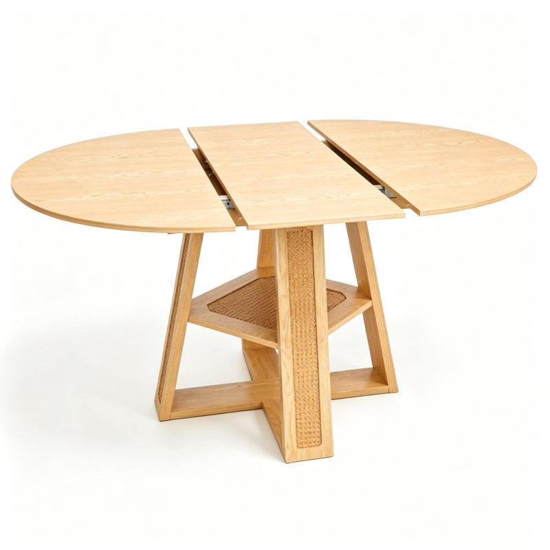 Table de salle à manger extensible ronde avec rangement caché et détails décoratifs tissés