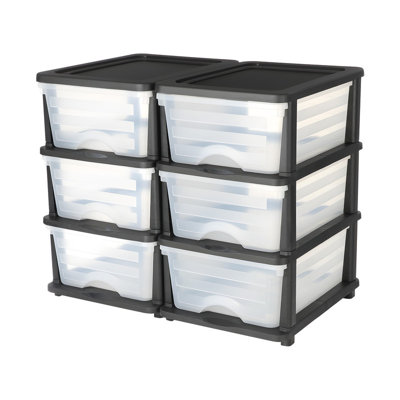 2 Pack Plastic Storage Drawers – 6 Drawers Total, 18.1" x 14.2" x 15" Stackable Organizer Bins, Transparent Front for Easy View, Black & White for Bedroom, Closet, Office
