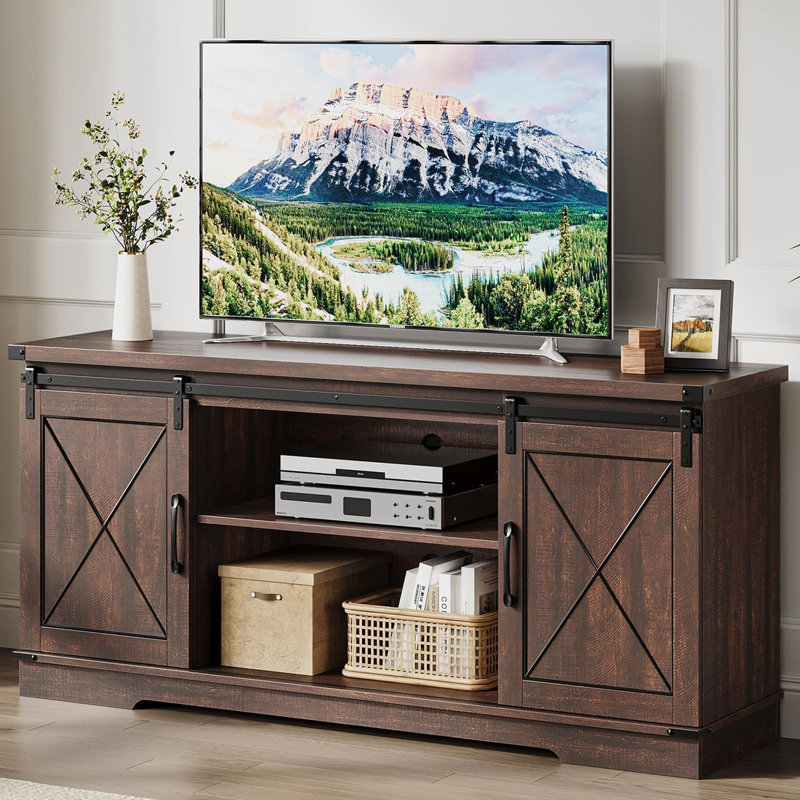 Brown Farmhouse TV Stand with Sliding Barn Doors and Adjustable Shelves