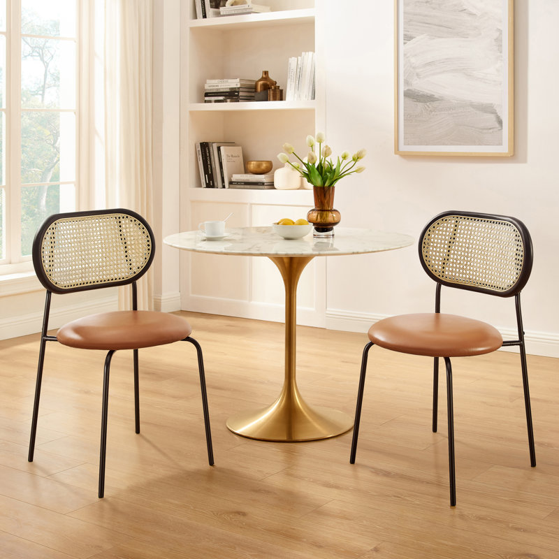 Bowyer PU Upholstered Dining Side Chair with Cane Rattan Back, Black, Brown
