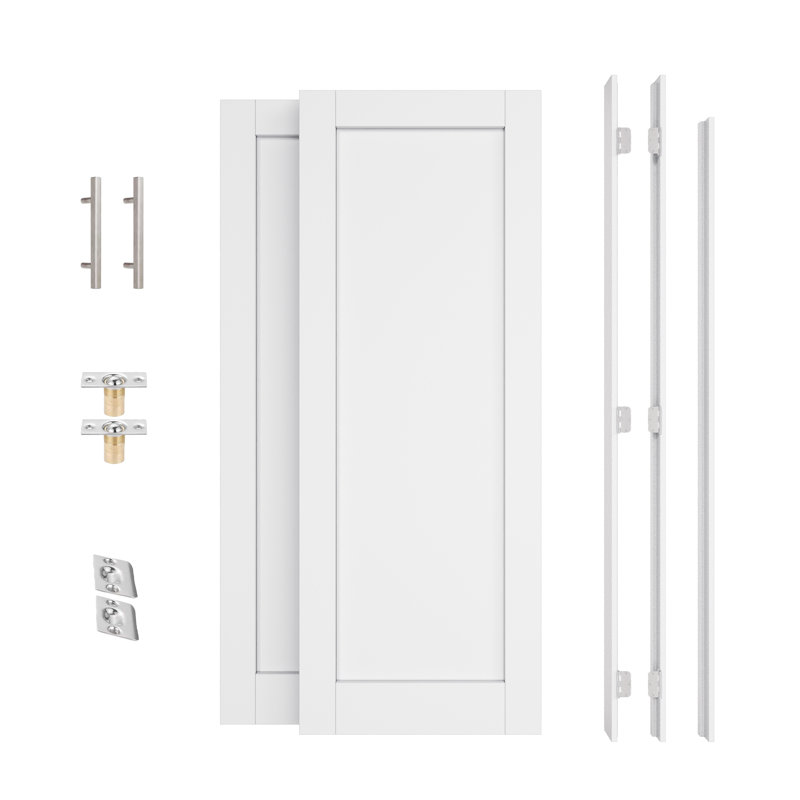Porte française intérieure de 72 po x 80 po, portes à panneau plein sans panneau à 1 panneau, loquets à bille complets et charnières et poignées en nickel satiné, apprêt blanc prêt à peindre et parfait pour la porte de chambre à coucher, porte fermée, porte de couloir, porte de salon, garde-manger Porte et porte de salle de bain