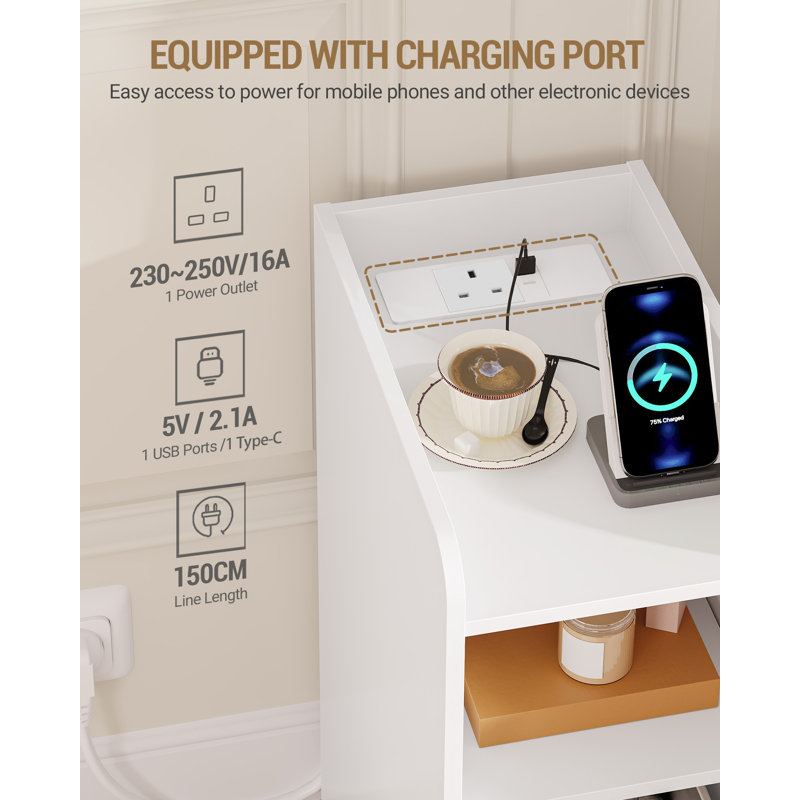 Slim Bedside Tables with Charging Station, Narrow Bedside Cabinet with Drawer, USB & Type-C Ports, Nightstands with Adjustable Shelves for Bedroom, Living Room 
