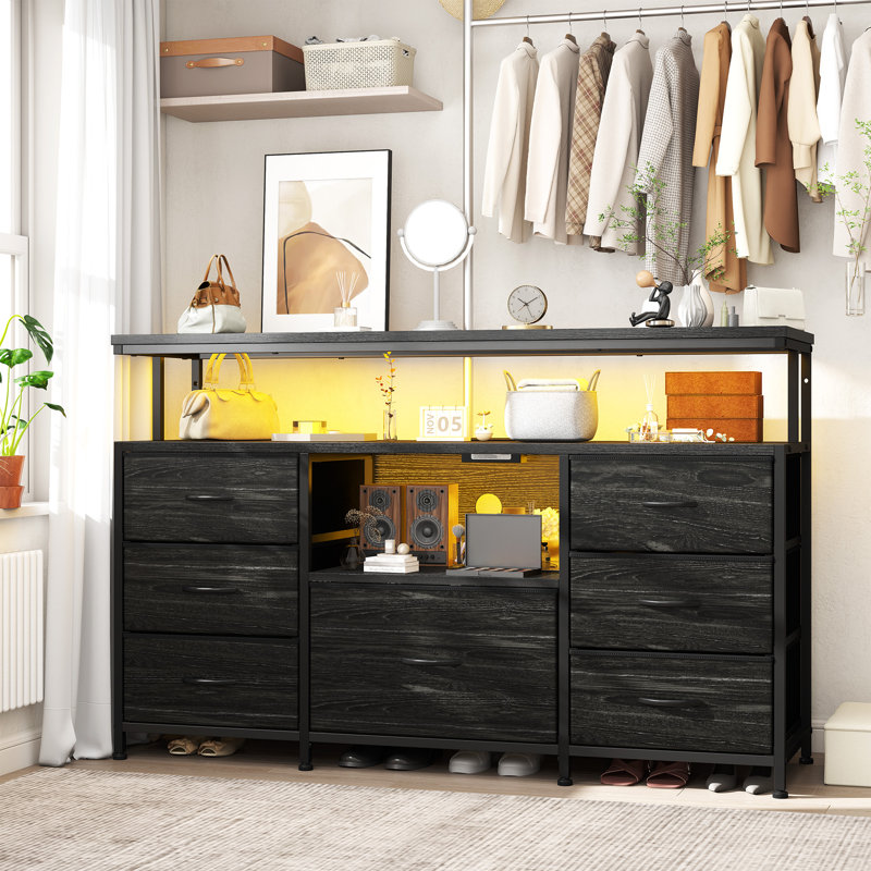 43.5" Dresser Tv Stand For 55" Tvs With Led Lighting, Built-in Power Outlet, Storage Shelves & 7 Fabric Drawers, Black