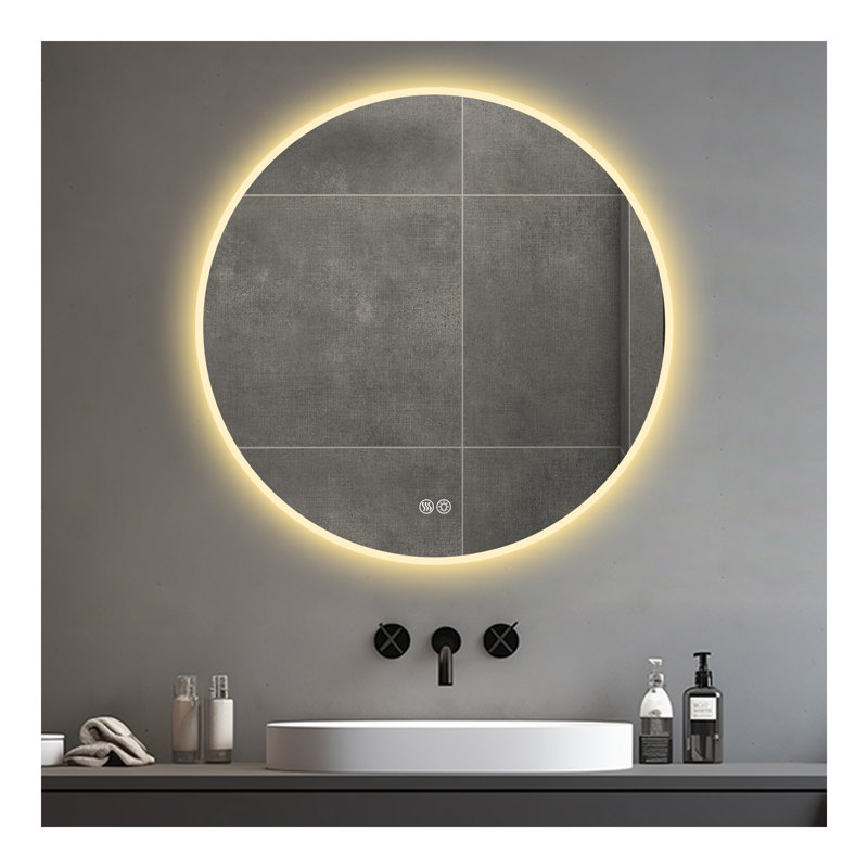 Miroir rond de salle de bain 32 po à DEL avec meuble-lavabo mural, anti-buée, 3 lumières réglables à température de couleur et à intensité variable, miroir de maquillage pour la chambre à coucher et la salle de bain, miroir intelligent pour la d?