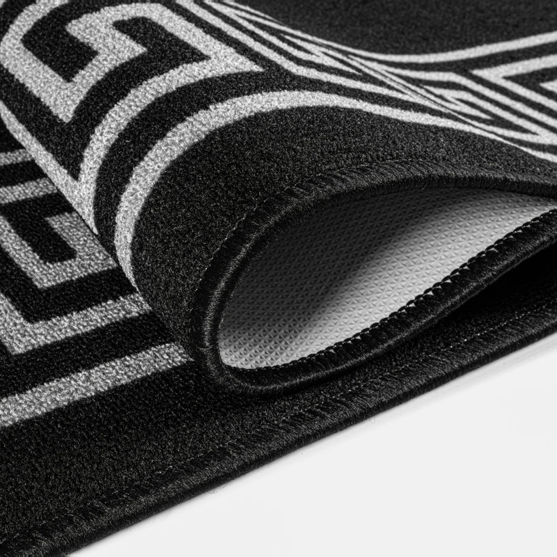 Greek-Key Black Grey Non-Slip Polypropylene Area Rug — Washable Door Mat & Hallway Runner for Living Room, Kitchen & Bedroom