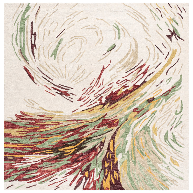 Ebony Hand Tufted Wool;Cotton Abstract Rug, Square 6'