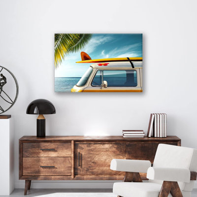 Reproduction d'art de fourgon de plage - Art mural rétro de fourgon de surf - Affiche de toile de plage côtière - Œuvre d'aventure de voyage rétro - Palmier décor de scène océanique - Suspension murale Vibes d'été - Maison de plage moderne, reproduction d'art