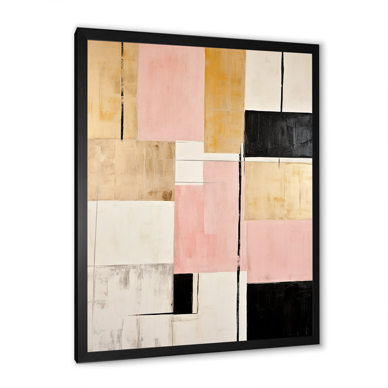 «Pink and Gold Cubism Dream - Abstract Shapes», impressions d'art mural, Cadre photo noir simple, H 32 po x l 16 po x P 1 po