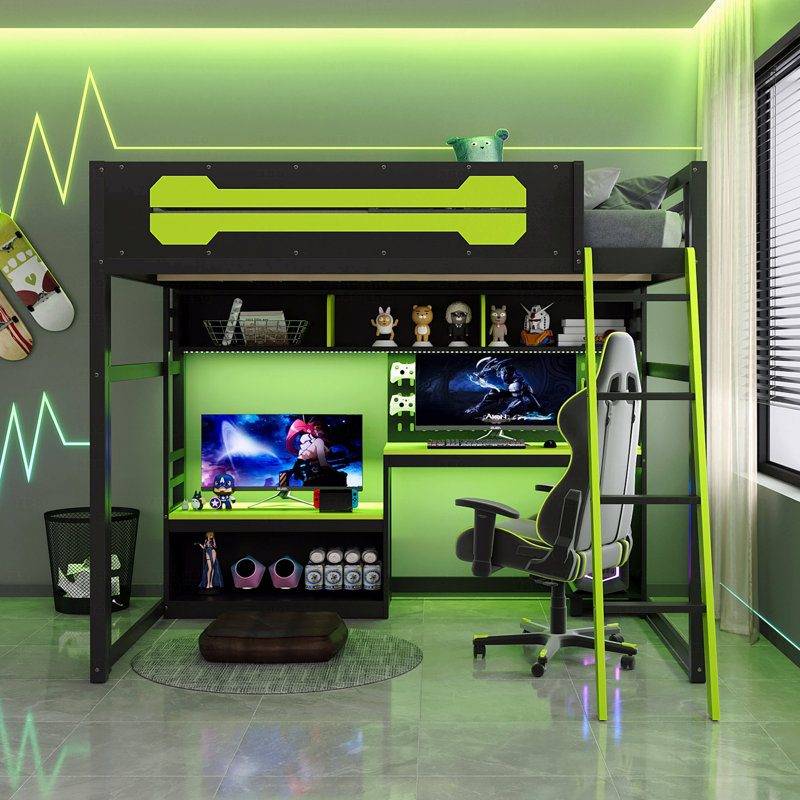 Full Size Wooden Frame Material Loft Bed Frame With Desk, Shelves, With Led Lighting Function Lights, With Usb Charging Function Ports And Pegboard, In Black Finish+Green