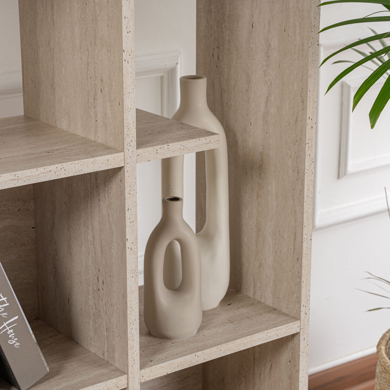 Modern Bookshelf, Travertine Color, 48.0 x 74.0 x 10.0 inches | 100% Melamine Coated Particle Board, Thickness: 0.7 inches | 80 lbs Bearing Capacity, Wall-Mountable, Numerous Shelves for Stylish Storage & Display