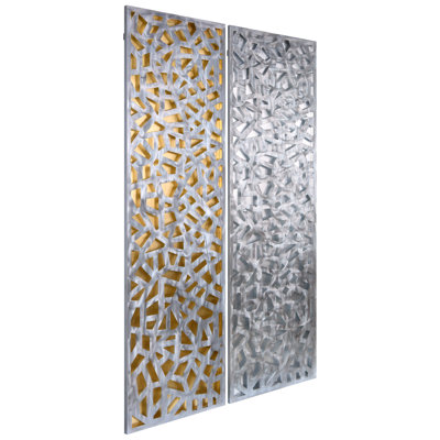Radiant fusion et cascade scintillante sur feuille d'or et d'argent encadrée sur un art mural abstrait en métal poli en 3D