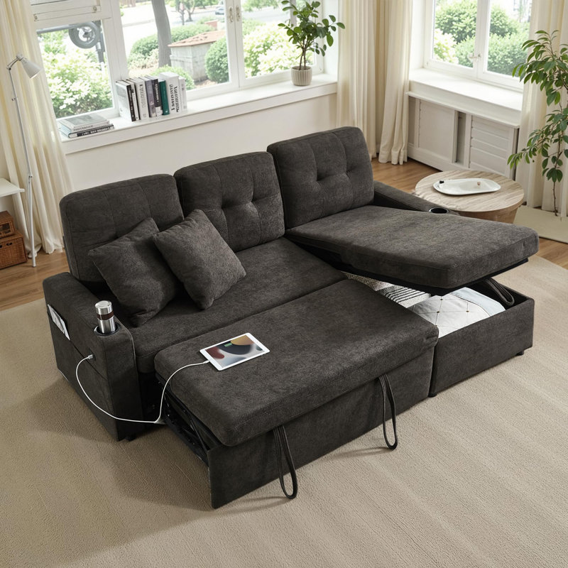 82 Inch Upholstery Sleeper Sectional Sofa With Storage Chaise, Sleeper Sofa Bed With USB Port, 2 Cup Holders On Arm