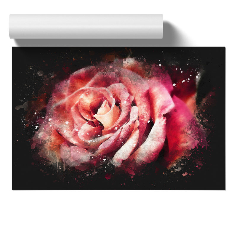 Pink Rose Flower Paint Splash - Frameless Print, 21cm H x 30cm W x 0.1cm D