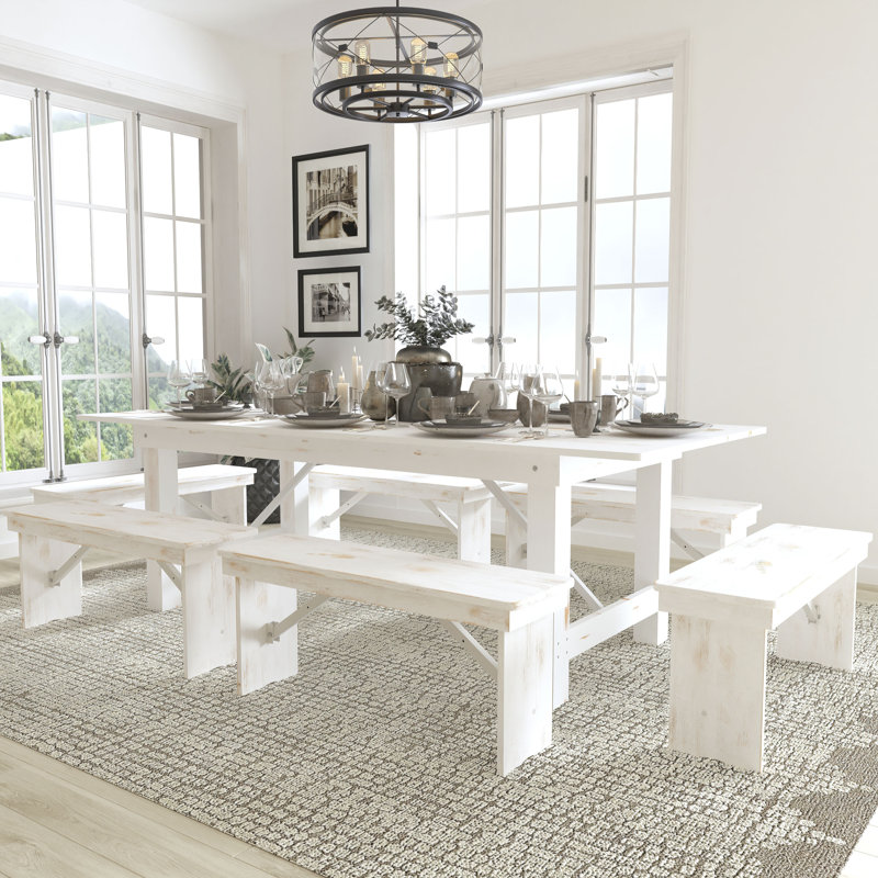Antique Rustic White Solid Pine 8' Folding Farm Table & Bench Set