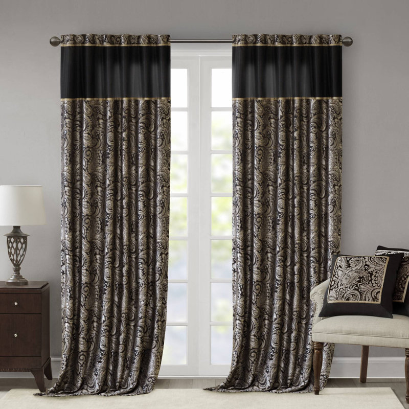 Aubrey Jacquard Black Curtain Panel Pair 50x84", 50" W x 84" L, Black