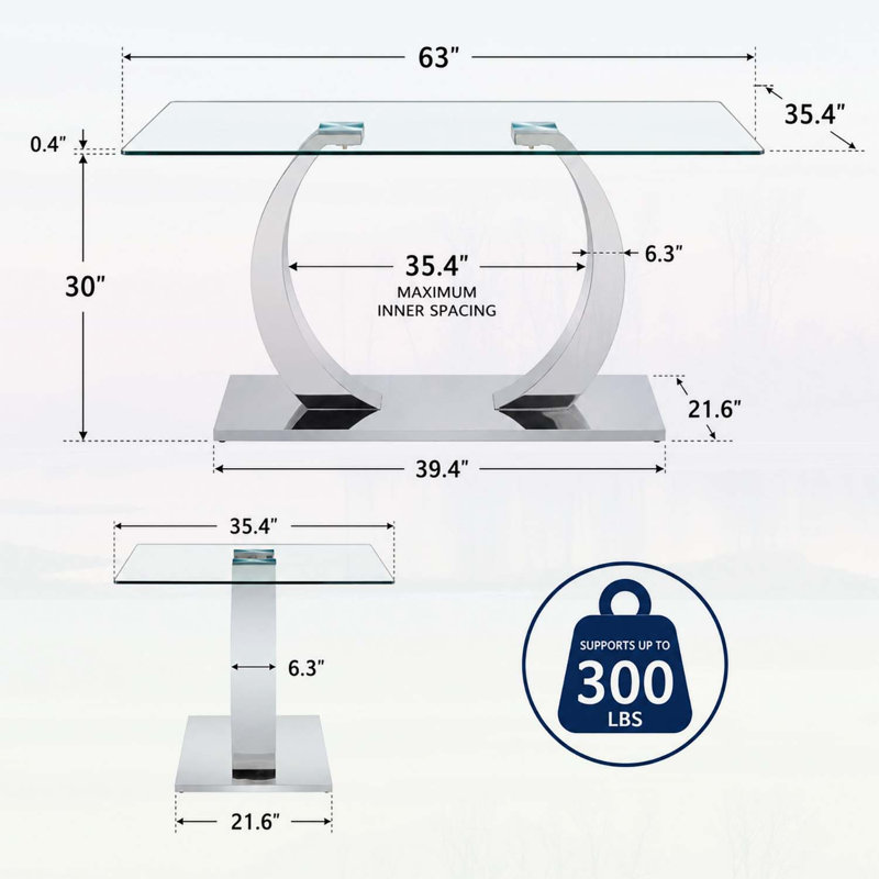 Table de salle à manger 63 x 35,4 x 30 pouces en verre transparent - durable, élégante et spacieuse pour les maisons modernes