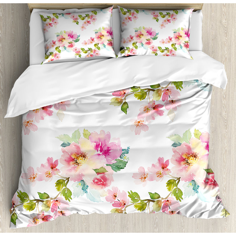 Queen Watercolor Floral Microfiber Duvet Cover Set
