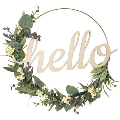 Spring Hello Wreaths For Front Door - 12 Inch Green Eucalyptus Wreath With Succulent Welcome Sign For All Season, Hanging Greenery Door Wreath For Farmhouse Cottagecore Home Decor For Wall Window