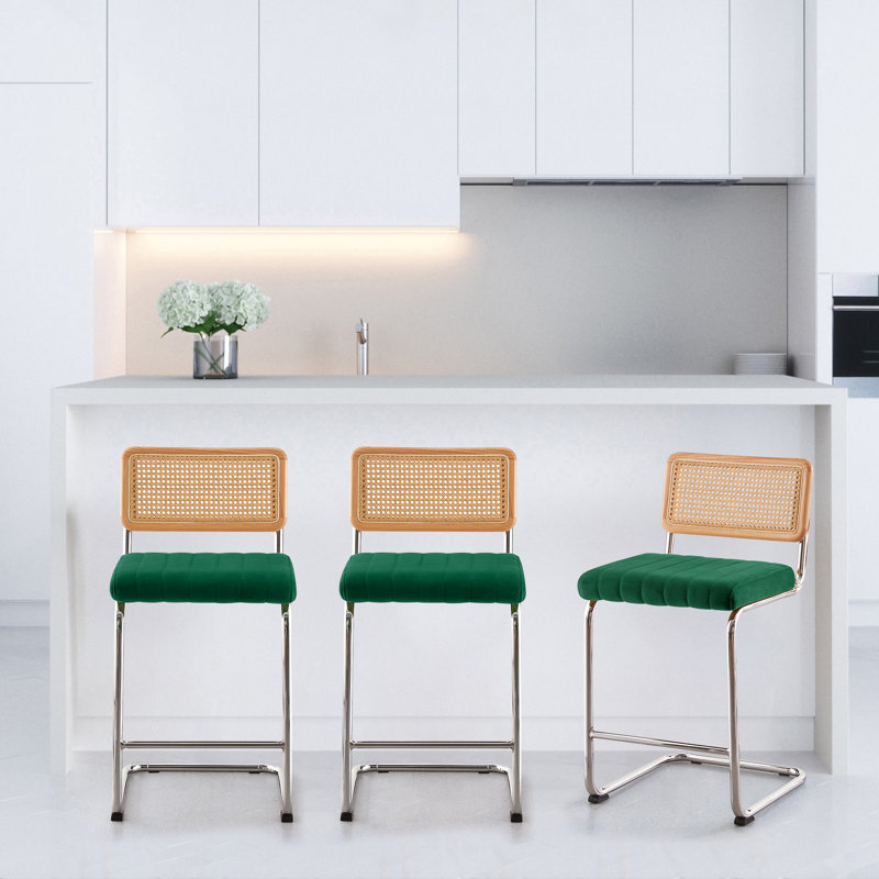 Tabouret rembourré en velours Krickelin, Tabouret de comptoir (siège d'une hauteur de 26 p, Argent, Vert foncé