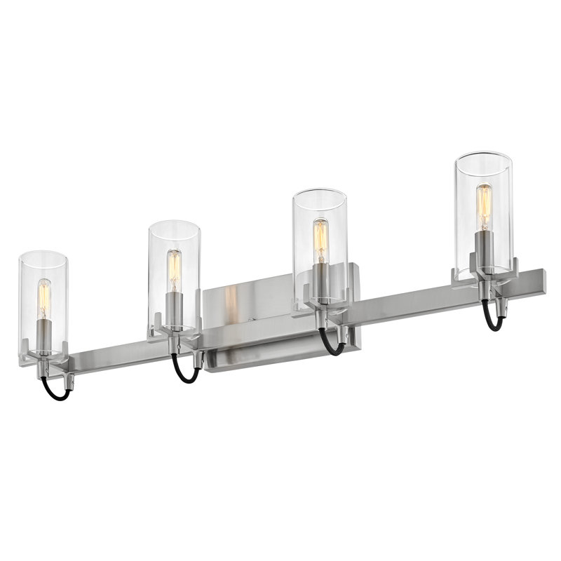 Luminaire pour salle de bain 4 lumières avec abat-jour cylindrique transparent Ryden, Nickel brossé