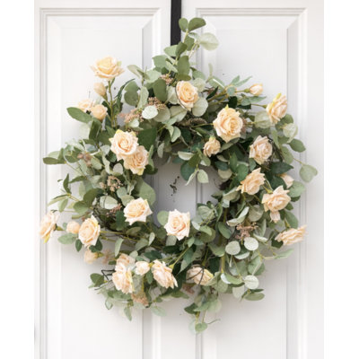 Artificial Farmhouse Spring Summer Greenery Eucalyptus Berry Rose Floral Wreath For Front Door Wedding Event Party Wall Decor