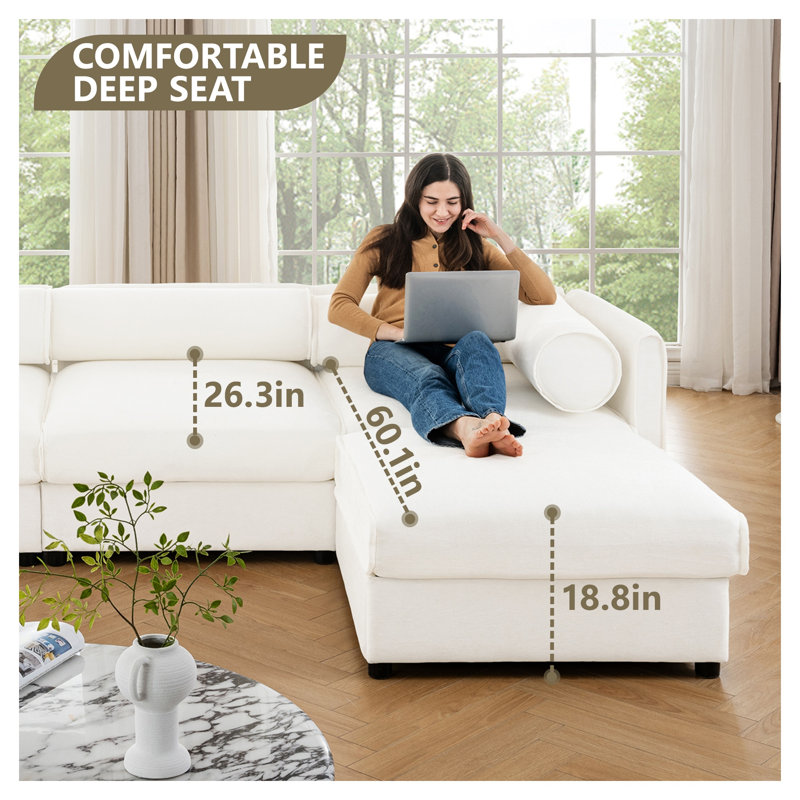 Canapé modulaire en chenille blanc à 4 places avec rangement intégré, dossiers cylindriques pour le salon