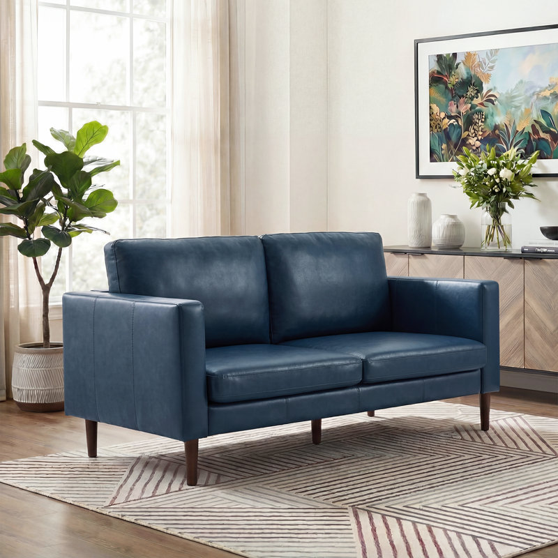 Ashvini 65" W Faux Leather Square Arm Loveseat with Reversible Cushions, Royal Blue/Dark Brown Wood