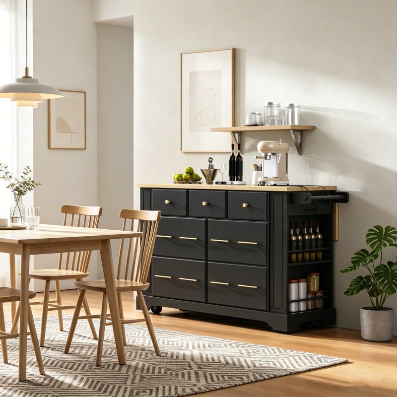 Kitchen Island with 6 Drawers, Pull Out Trash Can Storage, Rolling Kitchen Cart with 5 Wheels, Drop Leaf, Power Outlet & 5 Open Side Racks for Kitchen & Dining Room, Black