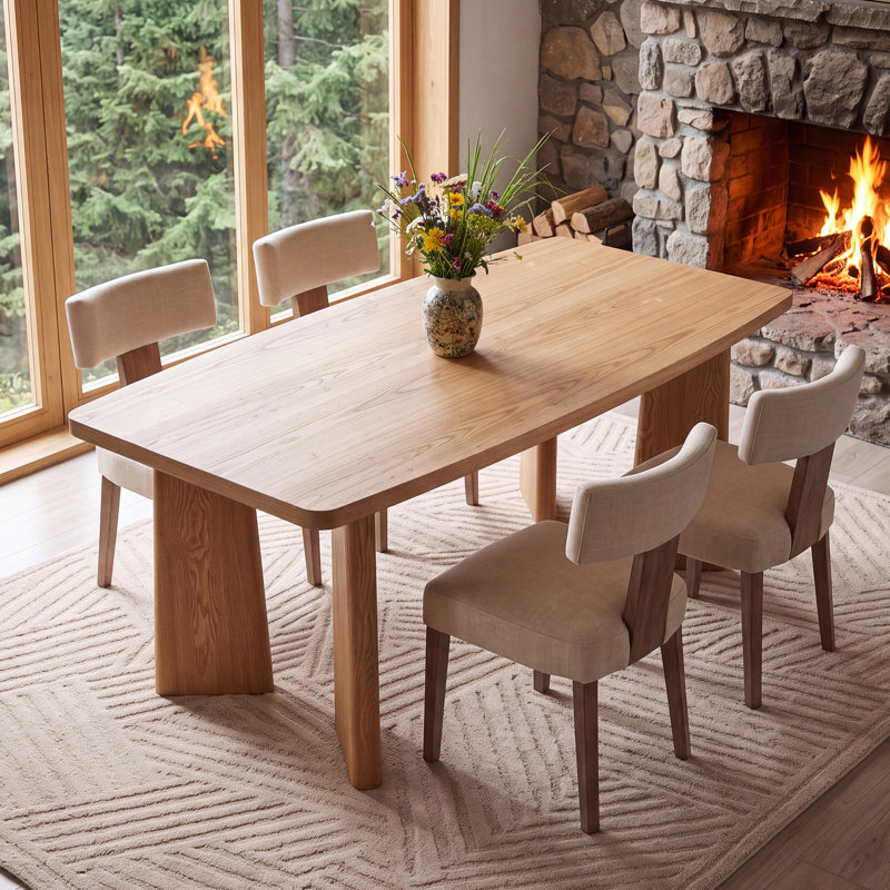 Rectangular Dining Table Set, 5 Pieces: Table, 4 Chairs, Beige/Brown