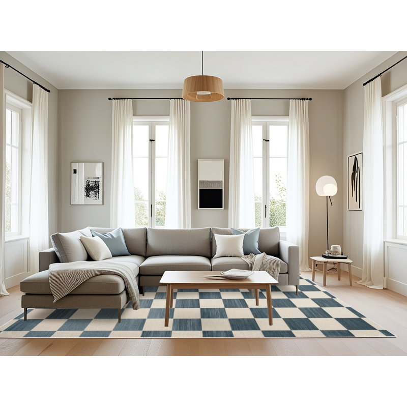 Tapis beige à carreaux lavable à la machine, Rectangle 8 pi x 10 pi