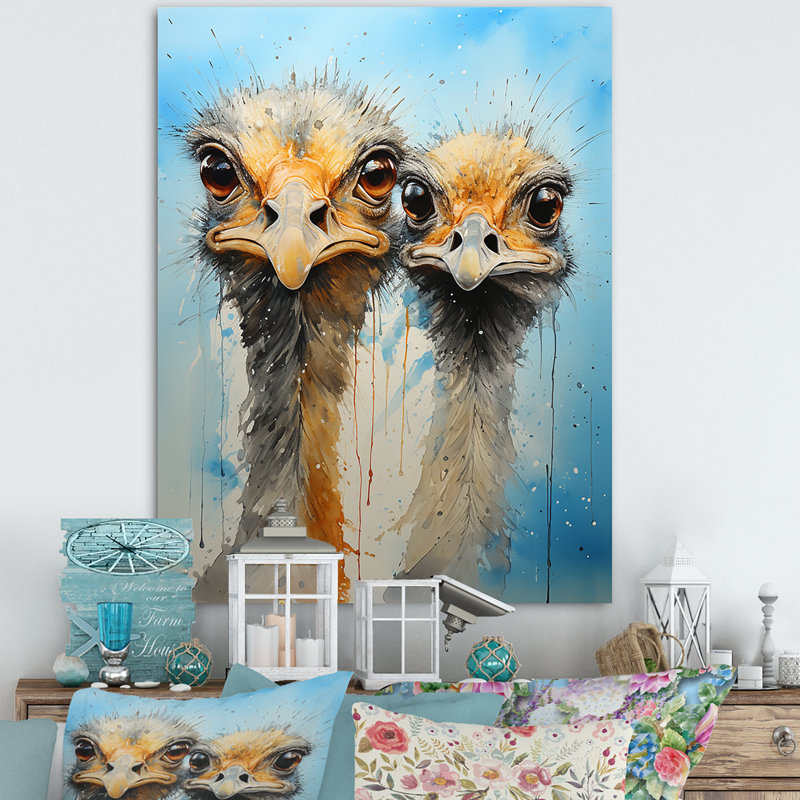 Vibrant Ostriches Portrait Wrapped Canvas Wall Art