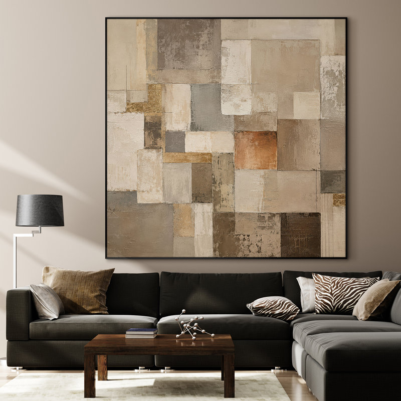 Très grand art mural imprimé sur tissu - Blocs géométriques abstraits brun clair - Décor de bureau moderne - "Assemblage requis (cadre non fini)"