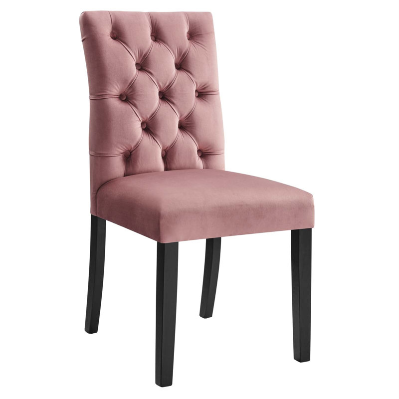 Dusty Rose Velvet Curvy Tufted Side Chair with Wood Legs
