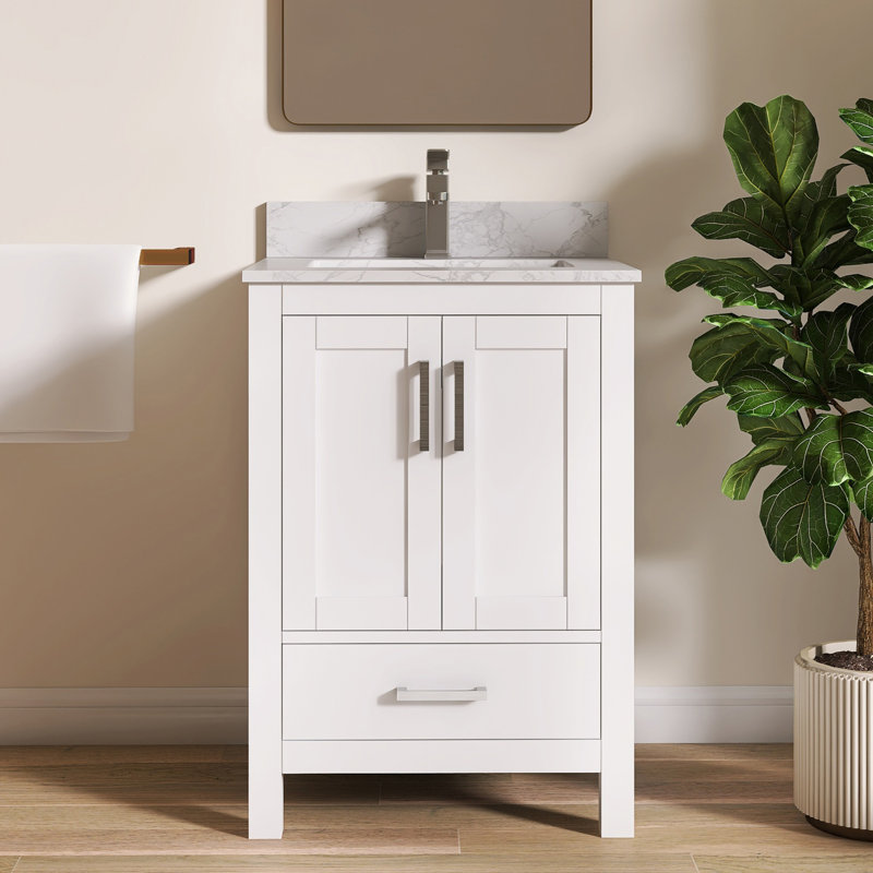 Aura 24'' Fully Assembled Single Bathroom Vanity With Solid Surface White Granite Top and Backsplash, 24"