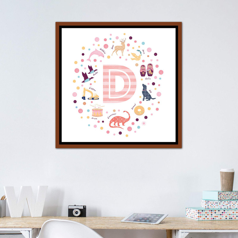 Lettre illustrée D rose - impression, Pas de tapis, Toile avec cadre brun, H 37 po x l 37 po x P 1,5 po