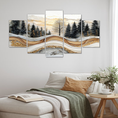 Paysage d'hiver sur un arbre au sommet d'une rivière de cristal - art mural forêt - art mural traditionnel sur toile 5 pièces