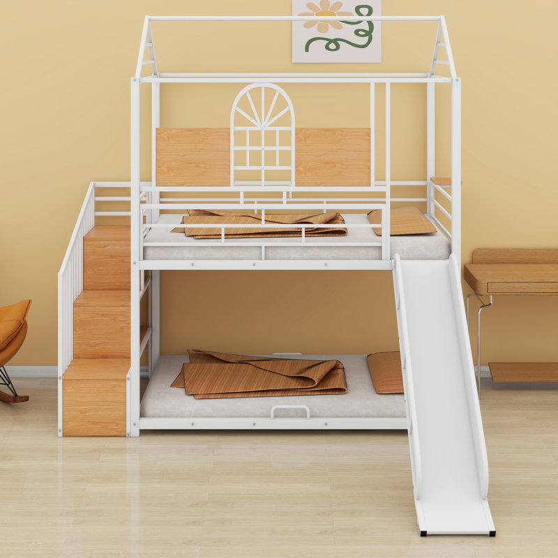 Metal House Bunk Bed With Slide And Storage Stair, White