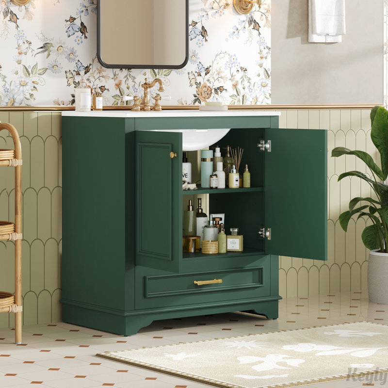 Meuble-lavabo de luxe 30 po avec lavabo en céramique, portes à fermeture douce, Vert