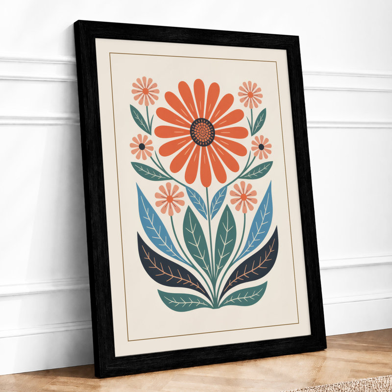 Symmetrical Daisy Folk Botanical - Framed Print, A2 - 59.4 x 42.0 cm, Black