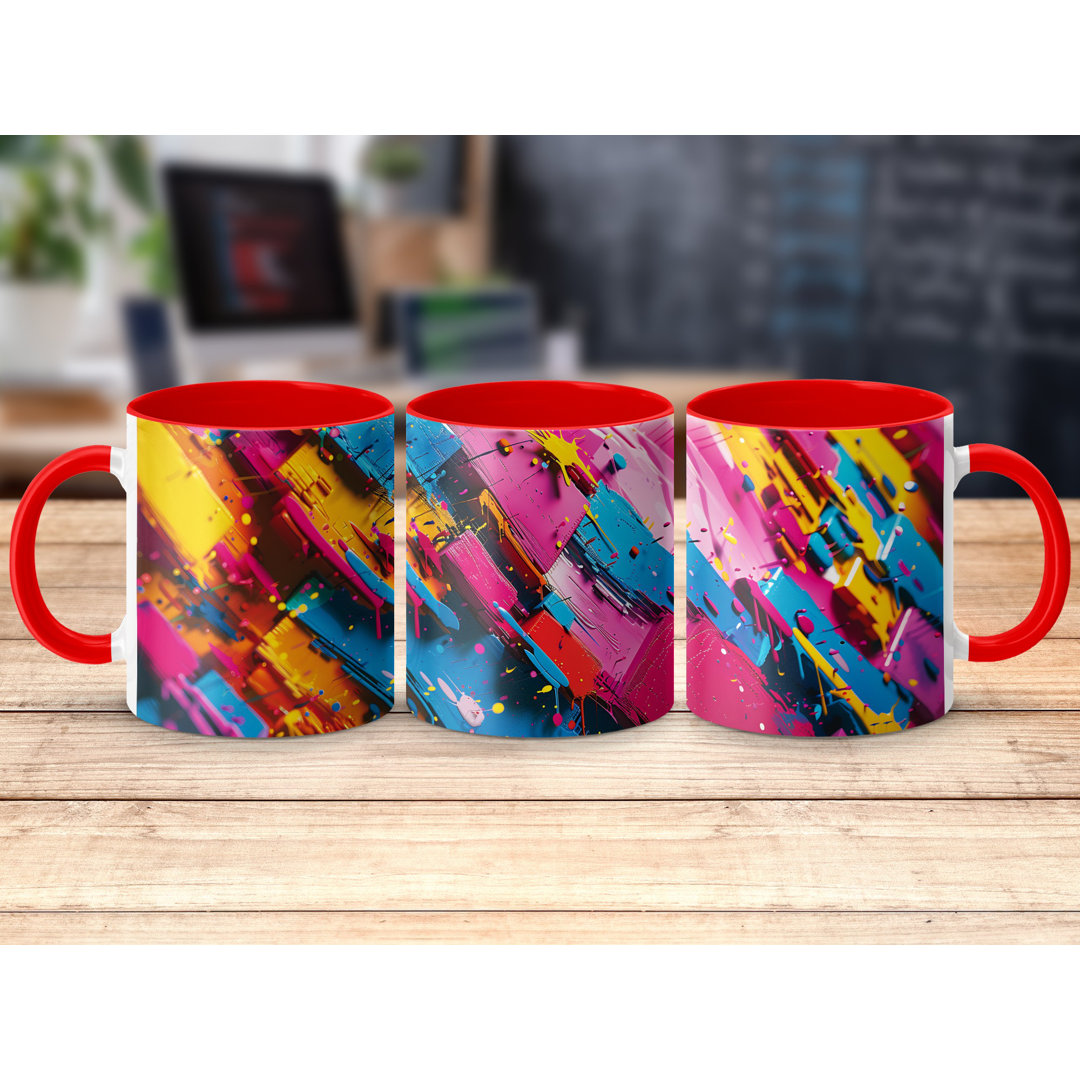 Set of 2 Colourful 3D Design 11oz Accent Mugs – White Ceramic Coffee Cups with a Red Handle and Interior