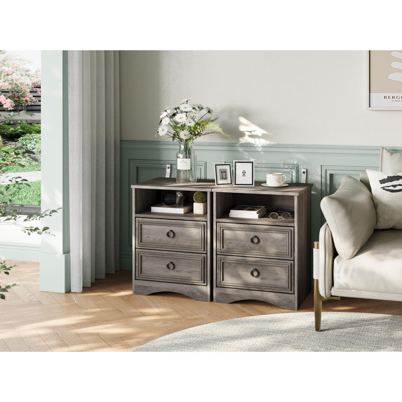 Gray Wash 2-Drawer Nightstand Set with Metal Handles