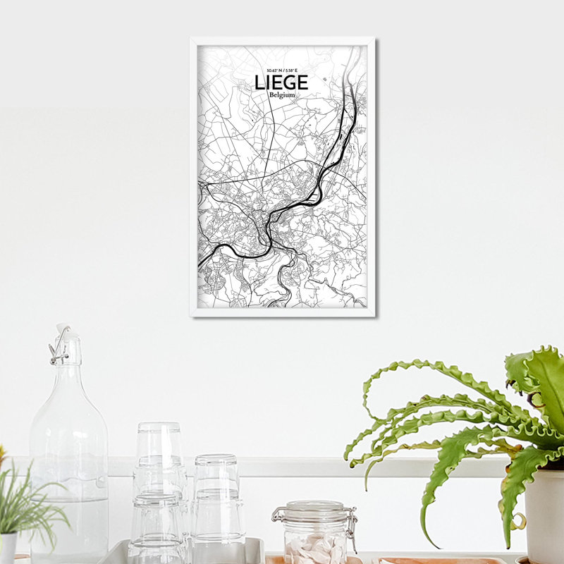 «Liege City Map», impression, H 17 po x l 11 po, Noir / blanc