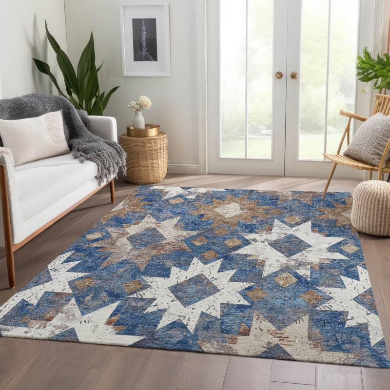 Machine Washable Indoor/Outdoor Xhevrie Blue Rug, Rectangle 9' x 12'