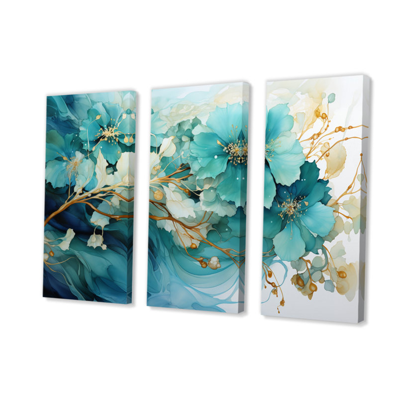 «Teal Gold», fractale abstraite mystique, mirage I sur toile, 3 pièces, H 28 po x l 36 po x P 1 po