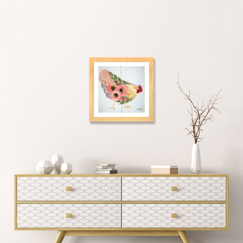 «Floral Hen on White» par Michele Norman - impression d'art graphique, Blanc, H 16 po x l 16 po x p 1 po