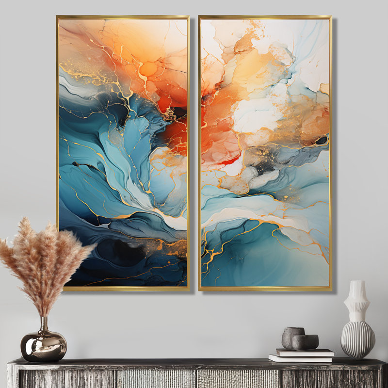Collage abstrait bleu sarcelle «Bold Abstract» - barrages, art mural abstrait bleu sarcelle, ensemble de 2, H 32 po x l 32 po