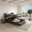 Upholstered Ottoman Bed With 2 Drawers, Storage Frame With LED Headboard & USB Ports, Dark Grey Linen-674555345